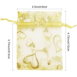 YANGWEN Pack of 50 Organza Jewellery Bags, Gold Heart Print Organza Bags, Gift Bags with Drawstring, 9 x 12 cm, Perfect for Wedding, Christmas, Birthday, Anniversary