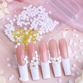 Flowers Nail Charms 3D Resin White Petals Charms for Acrylic Nails Gold Pearls Nail Gems and Rhinestones Floral Nail Art Charms Spring Summer Nail Supplies for Women Nail Decorations (150 pcs)