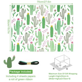 Cactus Wrapping Paper for Women Men, Green Cacti with Pink Yellow Flowers Tropical Gift Wrap Paper, 19.7x27.5 Inch Folded Flat Green Plant Art Paper for Summer Holiday Birthday Baby Shower DIY Craft