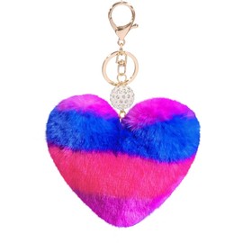 Women's Heart Faux Fur Pom Pom Key Chains Bag Accessory Puffball Keyring Backpack Charms for Girls(Multicolor-B)
