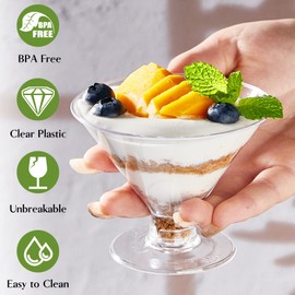 TOFLEN 24 Pack Plastic Martini Glasses 7 oz Cocktail Glasses, Unbreakable Reusable Dessert Cups, Clear Stemmed Dessert Shot Glasses for Party Wine, Champagne, Margarita and Appetizers