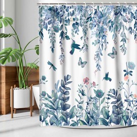 Floral Blue Green Eucalyptus Leaves Shower Curtain for Bathroom Watercolor Flower Polyester Fabric Shower Curtains Hummingbird Butterfly Aesthetic Bathroom Curtain Set Decor with 12 Hooks 72x72