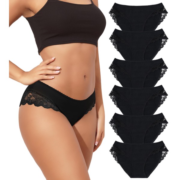 LEVAO 6 Pack Black Cotton Underwear Womens Soft Stretch Lace