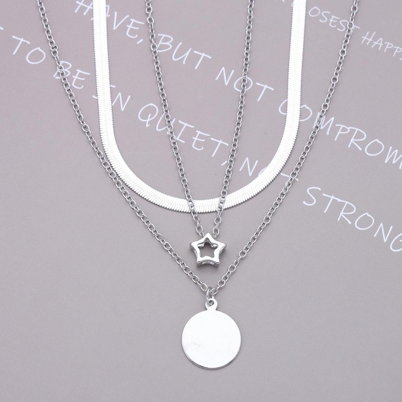 Cimenexe Bohemian Layered Star Choker Necklace Silver Disc Coin Pendant