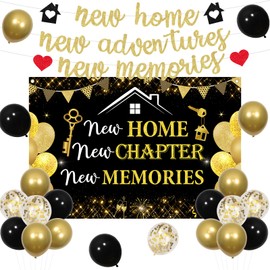 JOYMEMO Housewarming Party Decorations for New Home, Rustic New Home New Chapter New Memories Backdrop, New Adventures Banner, New House for Women or Men Supplies Indoor Outdoor