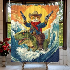TQNNTQ Funny Cat Shower Curtain Western Cowboy Cat Riding Dinosaur Ocean Wave Sun Fun Fighting Hilarious Humor Men Cartoon Animal Bath Curtain Fabric Bathroom Accessories Decor with Hooks 70W x70L