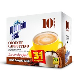 Jamaica Mountain Peak Coconut Cappuccino 3 in 1 Instant Coffee Mix, Coffee Creamer and Cane Sugar (10 Sachets x 24g), Smooth Creamy Caribbean Flavor, Just Add Water