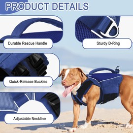 KOESON Dog Life Jacket Small, High Flotation Dog Life Vest for Swimming Boating, Reflective Adjustable Dog Floating Vest with Rescue Handle for Small Medium Large Dogs Blue M