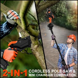 2-IN-1 Cordless Pole Saw & 8" Mini Chainsaw Battery Powered, Electric Pole Saws for Tree Trimming with Auto Oiling, 13.5FT Max Reach, Handheld Chainsaw & Pole Saw Combo with 2 x 21V Batteries