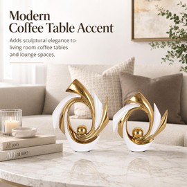 White and Gold Abstract Ceramic Sculpture Set of 2, Modern Table Decor