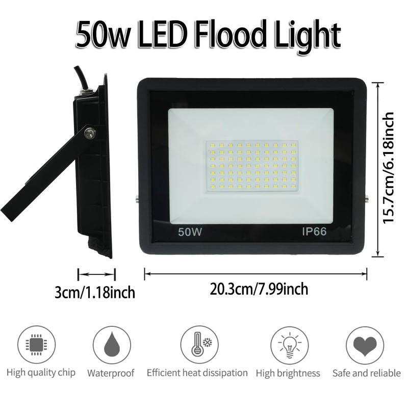 BiiKoon Heavy-Duty 50W LED Flood Light IP66 Waterproof 3500LM Super