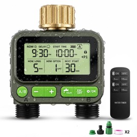 Remote Control Sprinkler Timer for Outdoor Hose Faucet 2 Zone, Smart Water Timer for Garden Hose, Sprinkler Controller with Rain Delay/Manual Watering/Automatic Irrigation for Yard Lawn (Brass Inlet)
