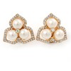 Clear Crystal Faux Pearl Three Petal Flower Clip On Earrings