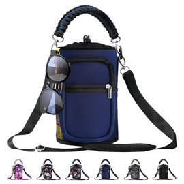 AceTreker 1 Gallon Water Bottle Carrier Bag, Insulated 128 oz Water Bottle Sleeve with 5 Pocket, Sport Water Flask with Paracord Handle and Shoulder Strap for Walking Hiking Camping Gym-Navy