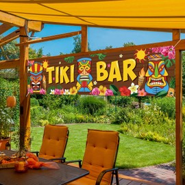 Luau Party Decoration Tiki Bar Banner Tiki Decoration Hawaii Party Tropical Banner Tiki Totem Tiki Bar Aloha Scene Setters for Hibiscus Decorations Carnival Wooden House Barn Backdrop, 15.7 x 72 Inch