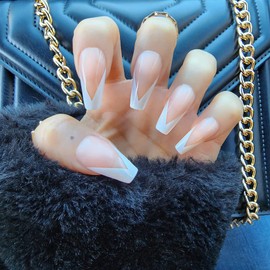 Nail Collection 24 Glossy White French Tip Press on Nails Medium Long Coffin False Nails with Glue and Accessory Kit Included