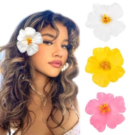 Hebterrka Pack of 3 Hawaiian Flowers Hair Clips for Women Plumeria Hibiscus Hair Clip 3.5 Inch Artificial Flower Clips for Holiday Beach Party