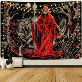 Invoibler Skull Tapestry Goth Wolf Tapestry Mushroom Moon Tapestry Death Skeleton Flowers Tapestry Horror Forest Tree Tapestry Wall Hanging for Bedroom(59.1 x 82.7 inches)