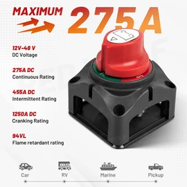RED WOLF On-Off Battery Switch DC 12V-48V 275A, Heavy Duty Marine Power Cut Master Disconnect Isolator, Ignition Protected for Automotive RV Marine Kill