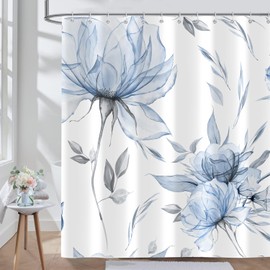 Blue Grey Watercolor Floral Shower Curtain, Flower Leaves Minimalist Aesthetic Art Shower Curtains for Bathroom Sets Decor, Waterproof Polyester Cloth Fabric with 12 Hooks,60x72 Inch
