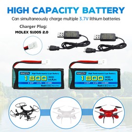 AMZZN 3.7V 1800mAh 30C Lipo Battery with Molex Plug and USB Charging Cable Compatible with Most RC Drones,Quadcopters,Airplane Models,and Mini Remote-Controlled UAV