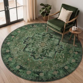 Jainmy Green Round Rugs 6ft for Living Room, Washable Non Slip Low Pile Thin 6 Feet Circle Rug for Dining Room Table Kitchen, Vintage Medallion 6x6 Round Rug Carpet for Bedroom Home Office Nursery