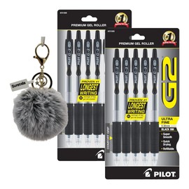 G2 Pens 0.38 Mm Gel Roller Pens, Ultra-Fine Point, 2.08 Oz, 5 Counts, Black Ink - Bundle With Suretails Pompom Balls Fluffy Keychain, Smooth Writing, Ergonomic Grip [Pack Of 2]