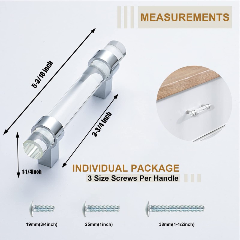 BonKuDoo 10 Pack Glass Drawer Pulls,Crystal Cabinet Handles Dresser Pulls(3-3/4