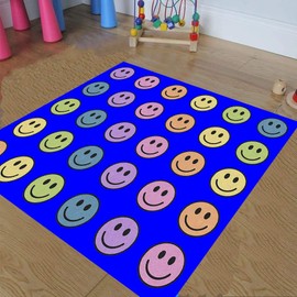 champion rugs Kids/Baby Room/Daycare/Classroom/Playroom Blue Rug Abstract Multicolor Smiling Face Play Mat Fun Educational Non-Slip Back (5’ X 8’)