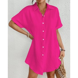 Bsubseach Women Swimsuit Coverup Shirt Dress Button Down Bathing Suit Cover Up Beachwear Hot Pink M