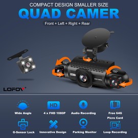 360° 4 Channel Dash Cam Front and Rear Inside Left Right, LOFOV Dash Camera for Cars FHD 4 * 1080P, Free 64GB Card Black Box Trafflc Recorder, G-Sensor, Night Vision,24H Parking Mode