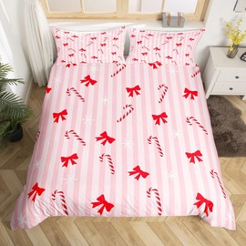 Christmas Bow Duvet Cover Single Size,Xmas Candy Snowy Pink White Striped Bedding Set 2 Pcs for Boys Girls,Princess Bowknots Winter Snowflake Comforter Cover(No Filler)