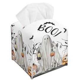 Halloween Pumpkin Ghost Tissue Box Cover, Spooky Bats Tissue Box Cover Square, Facial Paper Organizer for Bathroom Kitchen Bedroom Car Office Decor, Ideas for Family Friends-A08
