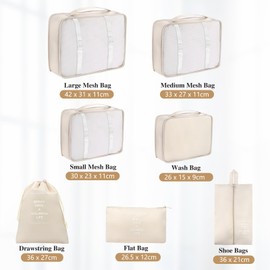 7-Piece Suitcase Organiser Set, Packing Cubes for Clothes, Organiser System for Suitcases, Organiser Packing Bags with Cosmetic Bag, Shoe Bag, Travel Organiser Packing Bags for Suitcases (Beige)