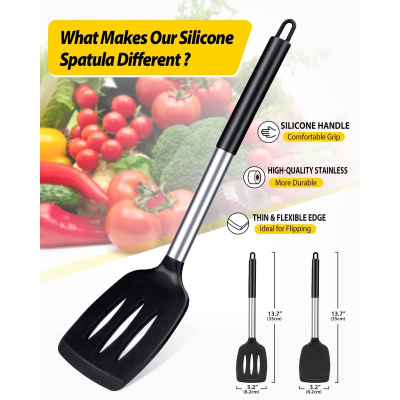 Pack of 2 Silicone Solid Turner, Non Stick Slotted Kitchen