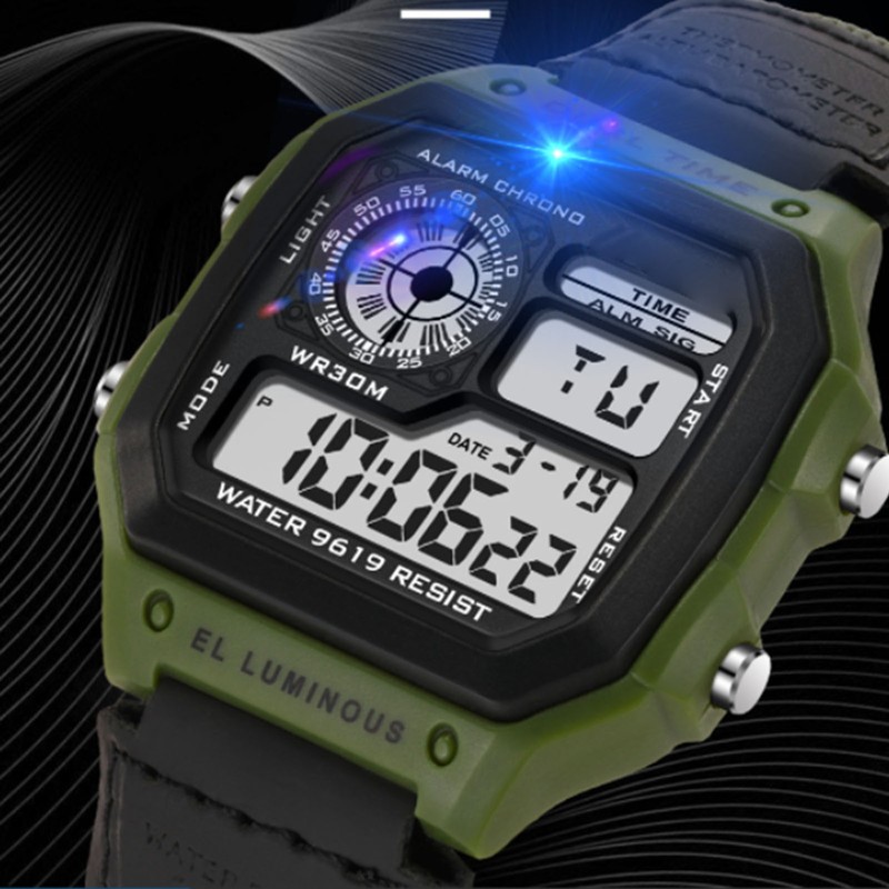 Digital Sport Watch Canvas Strap Luminous Waterproof Retro Sport Watch