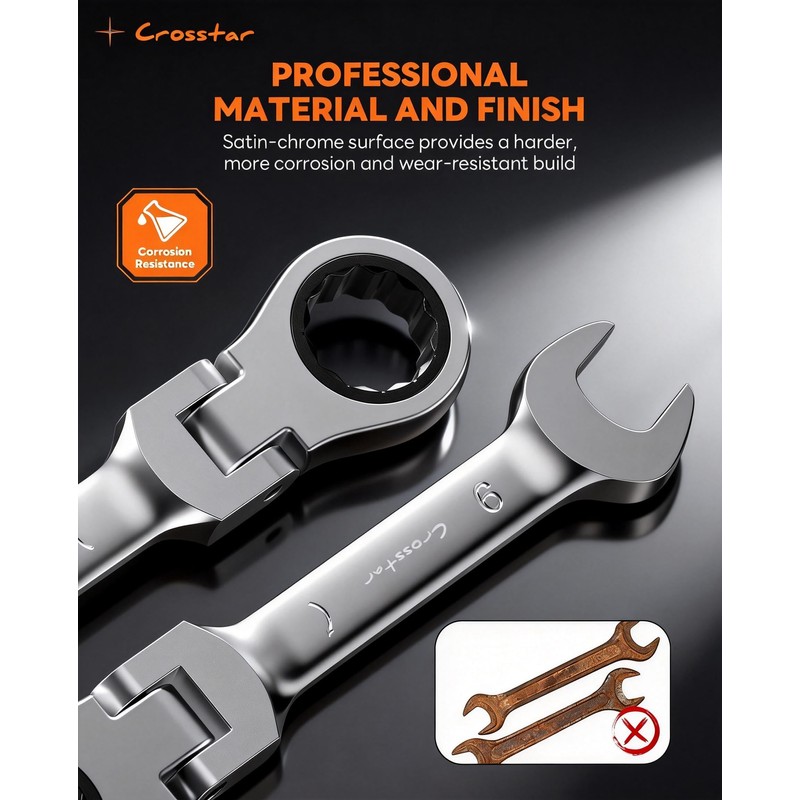 Crosstar 12Pcs 8-19mm Stubby Flex-Head Ratcheting Wrench Set, Metric