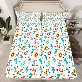 Cartoon Number Bed Sheet Set Hand Drawn Fitted Sheet for Kids Cute Bedding Set Microfiber Colorful Digital Number Bed Cover Deep Pocket Bedroom Graffiti Number Bed Set Single