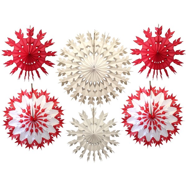 Devra Party 6-Piece Tissue Snowflakes, Red White, 15-22 Inch