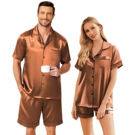 Ekouaer Couples Pajamas Silk Pjs Matching Set Satin Short Sleeve Button Down Loungewear Soft Sleepwear Brown,L
