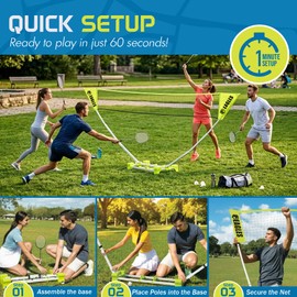 Complete Portable Badminton Set Large - Quick & Easy Setup - 4 Rackets 2 Birdies Shuttlecock 1 Net & Badmington Pole Frame for Backyard Park & Beach Games Indoor Outdoor Sports Equipment Family Fun