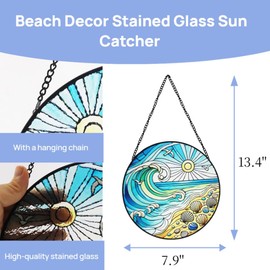 Beach Decor Suncatcher Stained Glass Sun Catcher for Windows, Sea Decor - 7.8 Inch Window Hanging Suncatcher, Summer Beach Gift, Nautical Decoration for Indoor Living Room Housewarming Birthday Gifts
