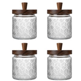 MQMCPDS Vintage Glass Jars with Airtight Wood Lids & Handles - 16.9 OZ Set of 4 - Coffee Jars,Tea Canisters,Candy Jars for Flour,Sugar- Kitchen Pantry Containers (4, Rippling wheat pattern)