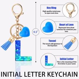 Zesirmay Initial letter Keychains, Sparkly Glitter Letter Keychain with Tassel,Resin Heart,Key Chain for Women,Girls (L, Glitter-blue)