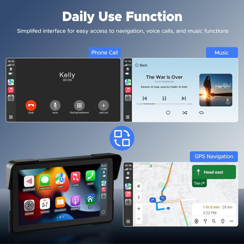 VOLAM 7" Wireless Motorcycle CarPlay Screen, IP67 Waterproof Touchscreen,GPS Navigation