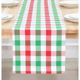 PurpleEssences Buffalo Plaid Table Runner 14 x 72 inch Classic Farmhouse 100% Cotton Checkered Table Runner Spring Summer Easter - Red Green and White