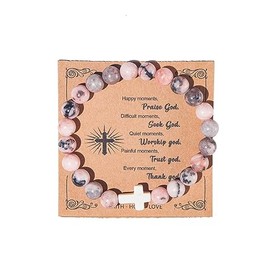 Christian Gifts for Women, Men Cross Beads Stretch Bracelet Catholic Religious Jewelry Gifts Natural Stone Pink Zebra Bracelet for Godmother, Mothers Day Gifts,Birthday Gifts,Easter Jewelry Gifts,Inspirational Gifts