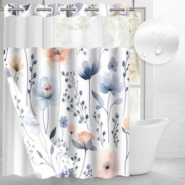 Gdmoon No Hook Spring Floral Shower Curtain with Snap in Fabric Liner Orange Blue Flowers Leaves Plants Watercolor Cottage Style Double Layer Through Mesh Top Home Bathroom Decor 54x80in YLSHGD247