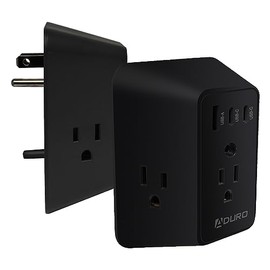 Aduro - Extensor de enchufe múltiple con protector de sobretensión, color negro - Cargador de pared con adaptador 3 tomacorrientes, 1 USB y 2 puertos de carga tipo C - para viajes en casa, oficina,