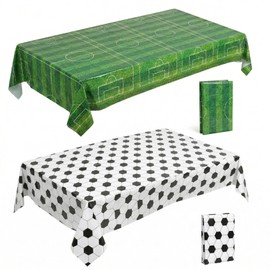 TEHAUX 2 Piezas Manteles de Fútbol para Fiestas (137 x 274 cm) - 1 Patrón de Cancha Verde y 1 Blanco y Negro, Cubiertas de Plástico Impermeable para C